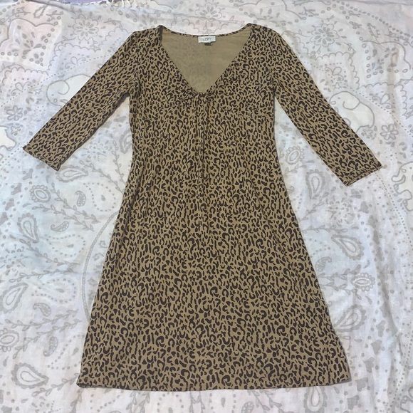 Ann Taylor Loft Leopard Cheetah Print Plunge Midi Dress Gather Front Tan Sz 12 - Picture 2 of 7